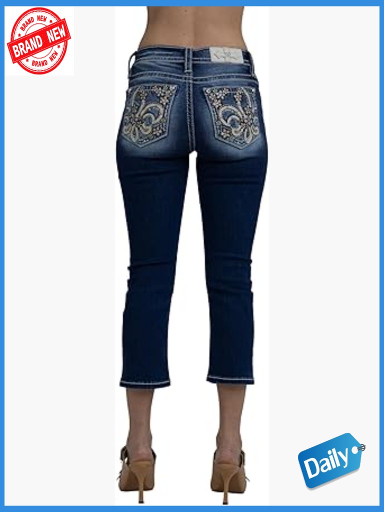 Embellished Mid-Rise Capri Jeans With Floral Fleur De Lis Motif